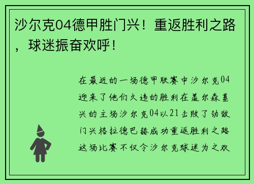 沙尔克04德甲胜门兴！重返胜利之路，球迷振奋欢呼！