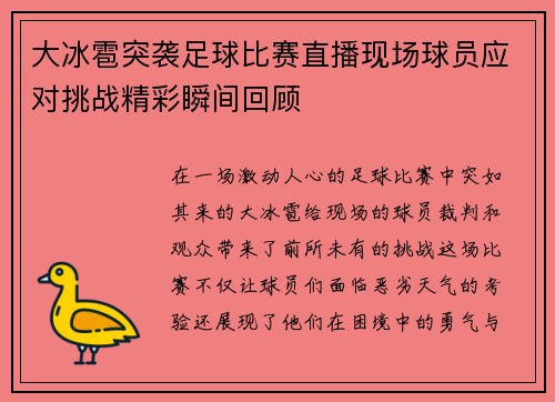 大冰雹突袭足球比赛直播现场球员应对挑战精彩瞬间回顾